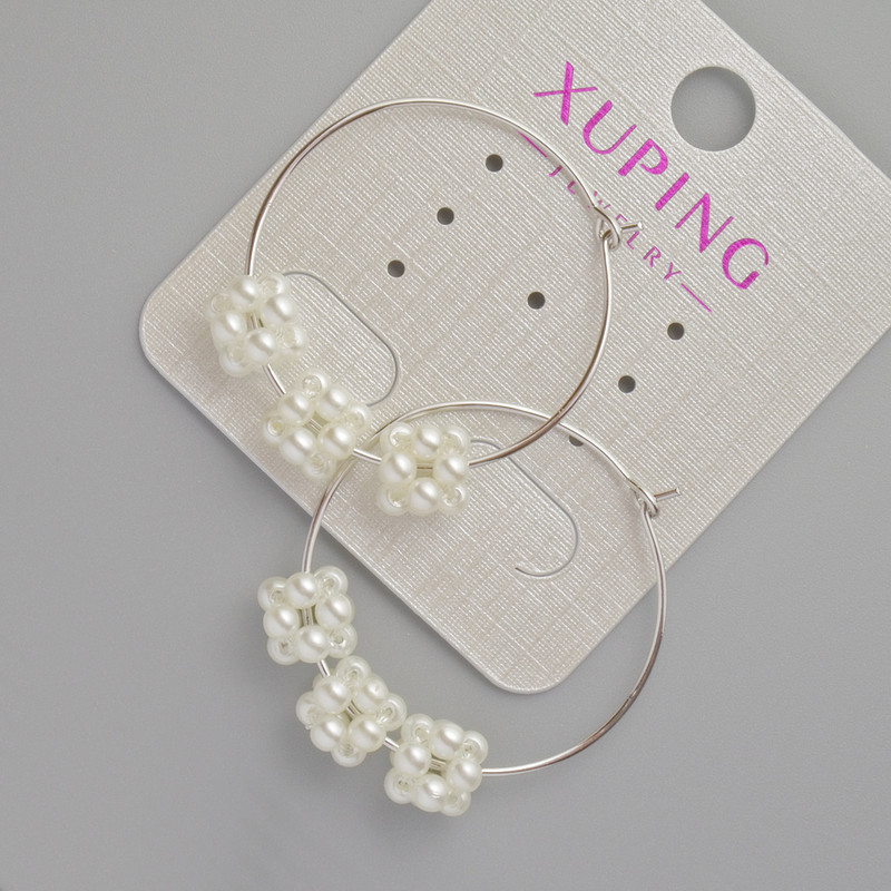 Xuping hoop earrings with white beads, thickness 0.7 mm, diameter 29 mm, rhodium-plated