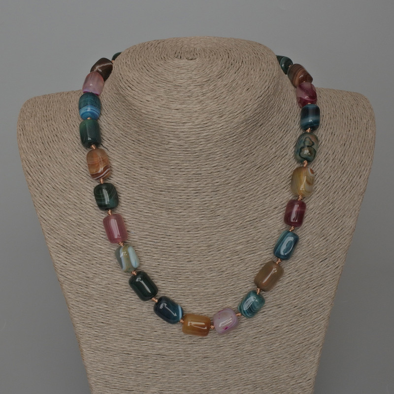 Necklace of multicolored agate with natural stone blocks, approximately 11×15 mm, length 49 cm