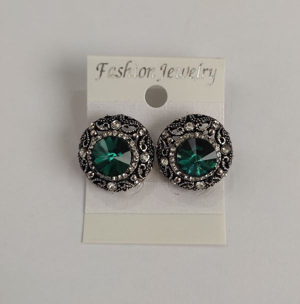 Stud earrings with round green crystals, delicate filigree setting, rhinestones, diameter 20 mm