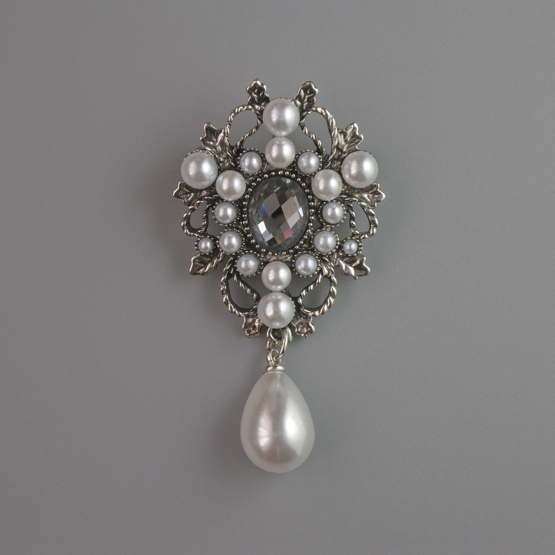 Accent Brooch with White Beads, Gray Crystal, Silver-Toned Metal 51×28 mm