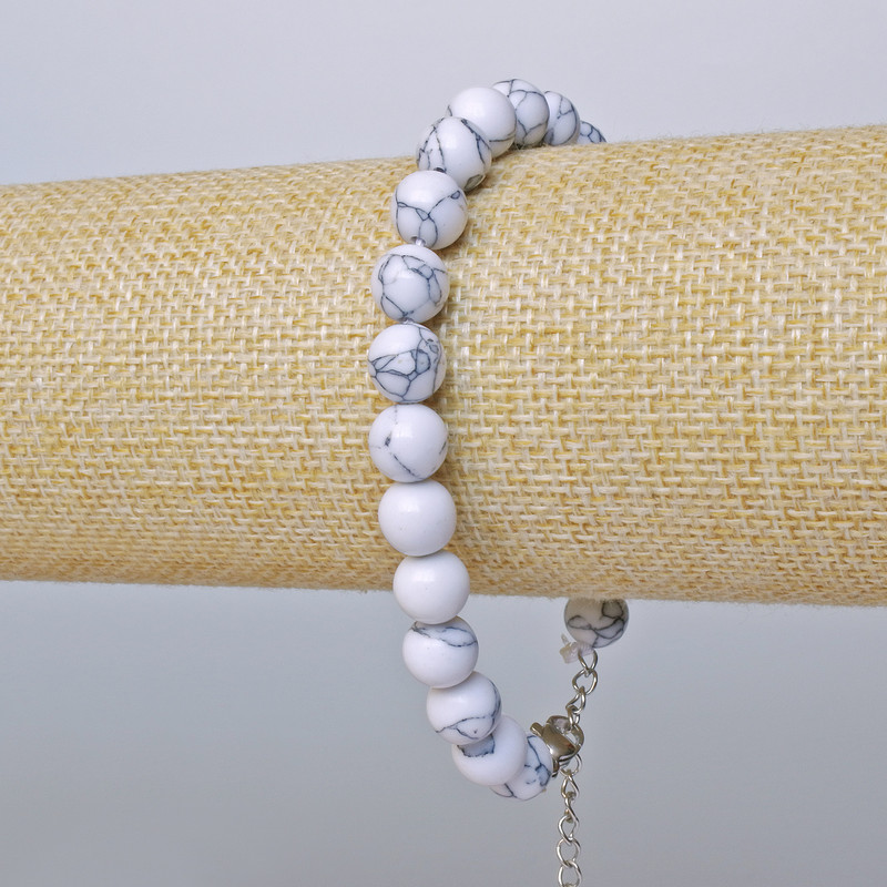 Cacholong Bracelet (man-made) Smooth Beads, 8 mm Diameter, 19–24 cm Length, Silver-Toned Clasp