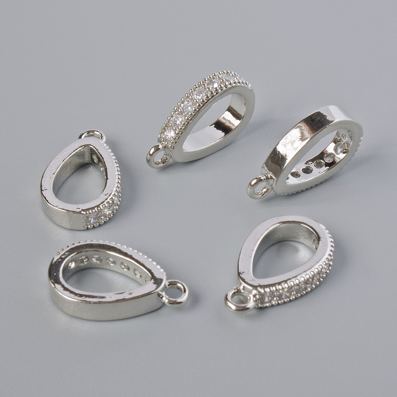 Pendant base with white rhinestones, silver-tone metal, 15x3 mm ± 1 pc