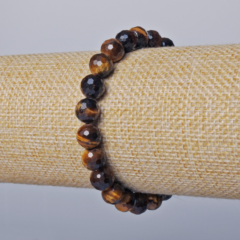 Tiger's Eye Bracelet, natural stone, faceted bead, 8 mm diameter, 18 cm length ± (stretch)