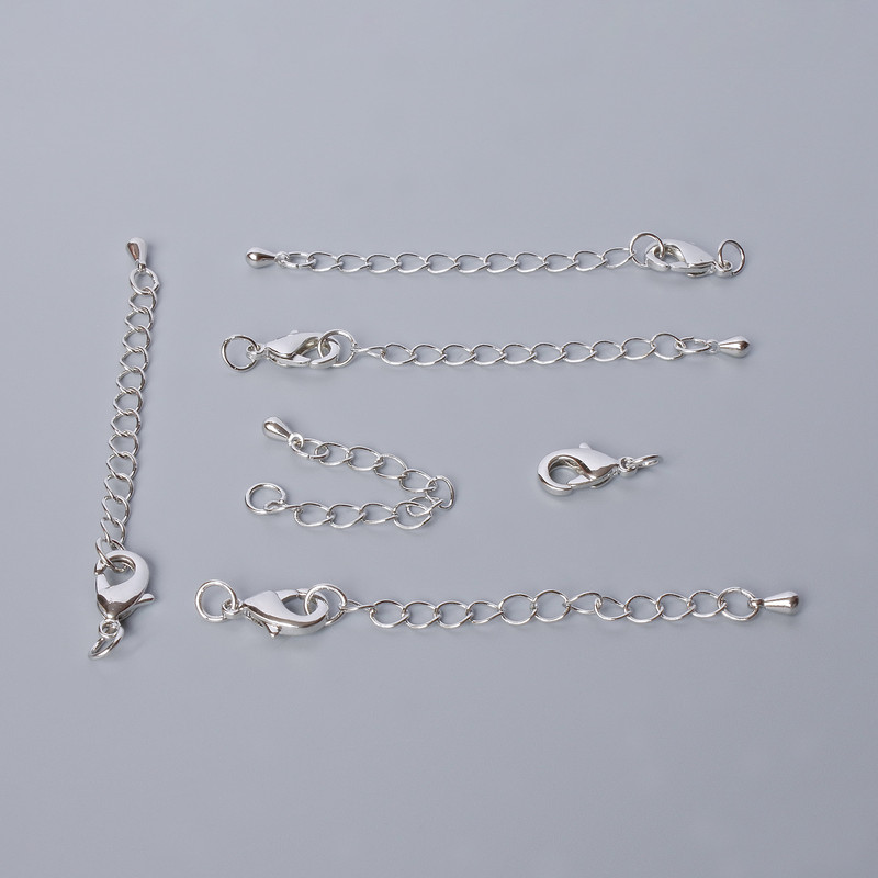 Фурнітура застібка карабін, діаметр 12х6мм з подовжувальним ланцюжком, довжина 5, 5см, сріблястий колір металу, 1шт