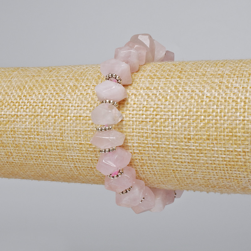 Bracelet Pink Quartz natural stone faceted rondelle, diameter 10×7 mm, length 18 cm +/- (stretch) with metal inserts