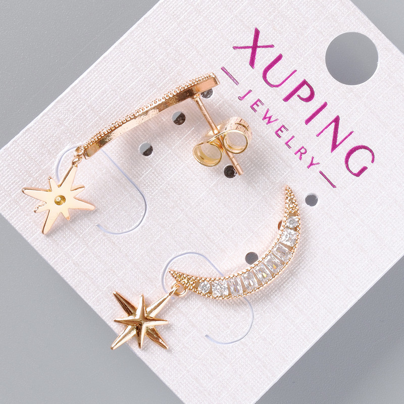 Stud earrings 'Moon and Star' Xuping with white crystals, diameter 19×3.5 mm, length 30 mm, 18K gold plating