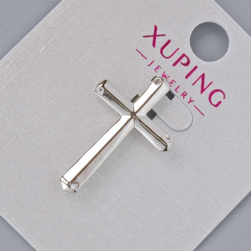 Pendant 'Cross' Xuping with White Crystals, diameter 26×17 mm, 5 mm +/-; length 33 mm +/-; rhodium-plated