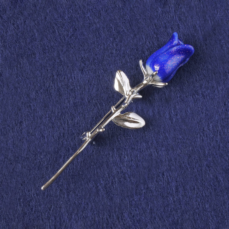 Blue Rose Brooch with Glitter - Plastic, Silver-Tone Metal 65x19mm+