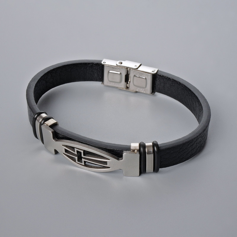 Men's bracelet with metal inlays, length 21 cm, thickness 10 mm ±, inlay thickness 12 mm ±, black eco-leather