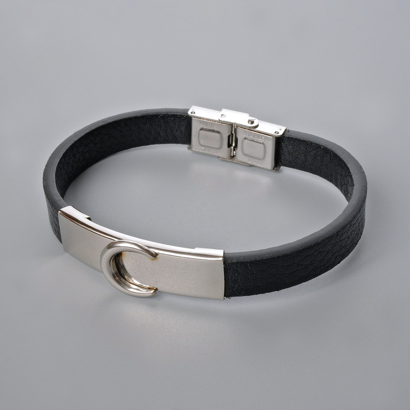 Men's bracelet with metal inserts, length 21 cm, thickness 10 mm ±, insert thickness 14 mm ±, black eco-leather