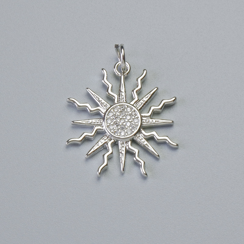 Pendant "Sun" with white crystals, silver metal, diameter 21x20mm+