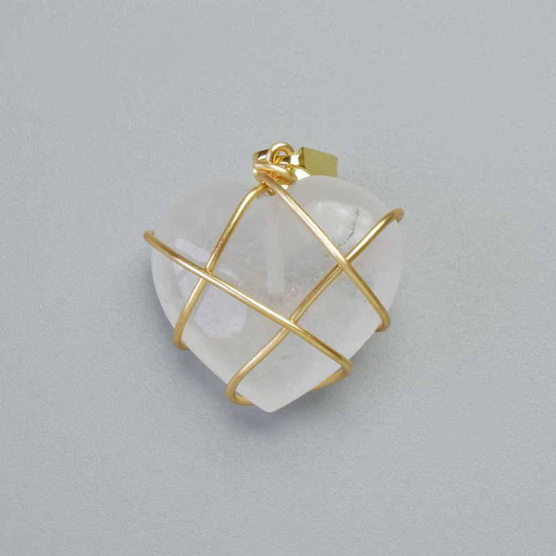 Pendant 'Heart' Rock Crystal in a Gold-Tone Wire-Wrapped Setting, Diameter 20x20mm+-, Length 30mm+-