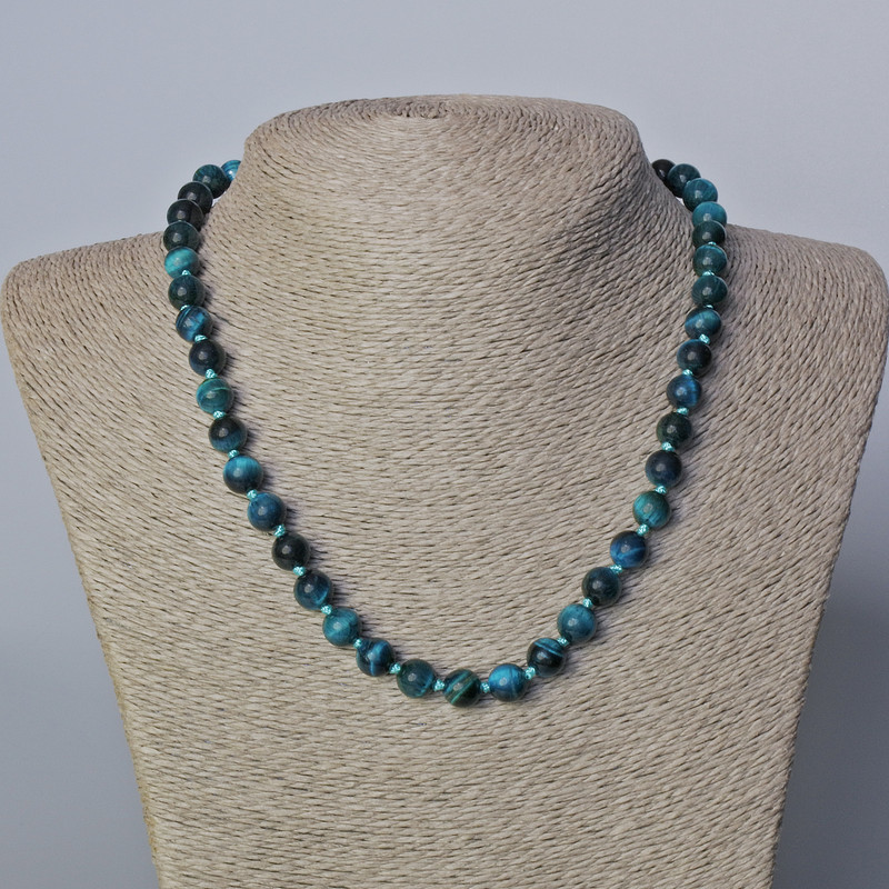 Azure Cat's Eye Necklace with natural stone, smooth beads, diameter 8 mm ±, length 45–48 cm