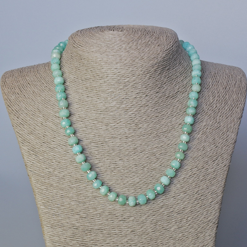 Amazonite Necklace with Natural Stone, Faceted Rondelle Beads with Seed Beads, Diameter 8x6 mm, Length 45–47 cm
