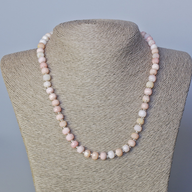 Pink Opal Necklace with natural faceted rondelle stones and beads, diameter 7.5×6 mm, length 45–47 cm