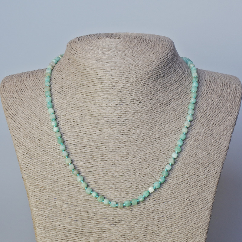 Amazonite Necklace with faceted cube beads, natural gemstone, diameter 4 mm ±, length 45–49 cm