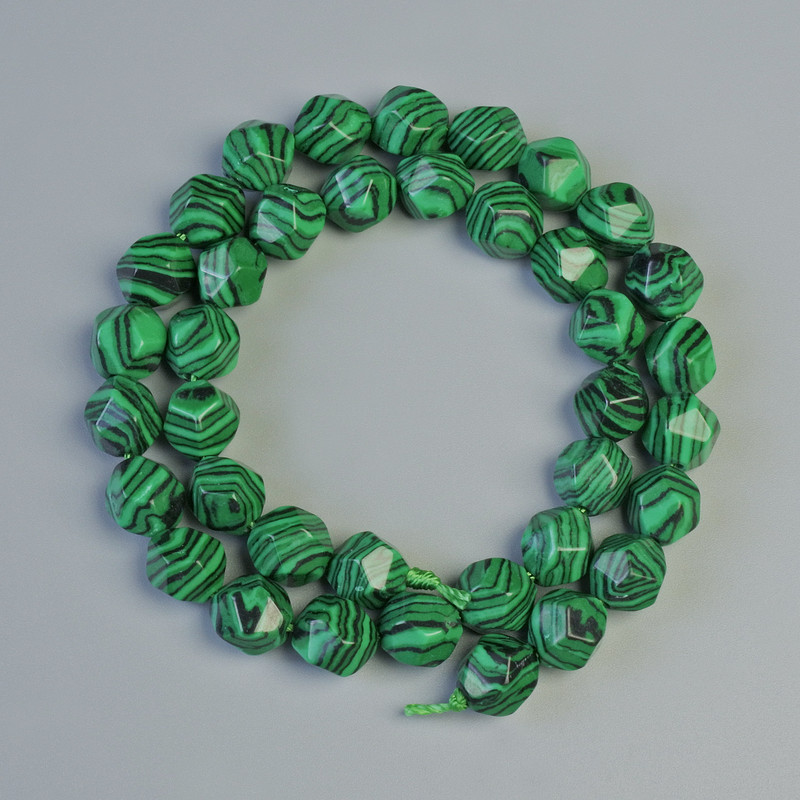 Malachite Beads (pressed) Faceted, diameter 8.5×10 mm, length 36 cm on thread