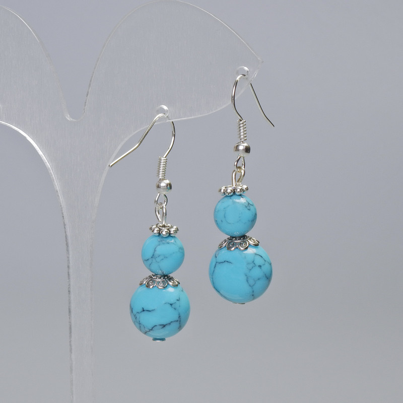 Turquoise Earrings (Pressed) Smooth Balls, Diameters 12.5 mm and 8.5 mm, Length 44 mm, with Metal Inlays