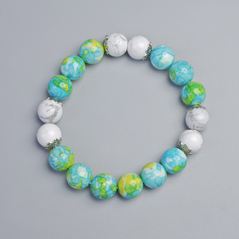 Bracelet 'Variscite' (artificial acrylic) and White Agate (pressed), 10 mm diameter, 10.5 mm ± (stretch), length 18 cm ± with metal inserts