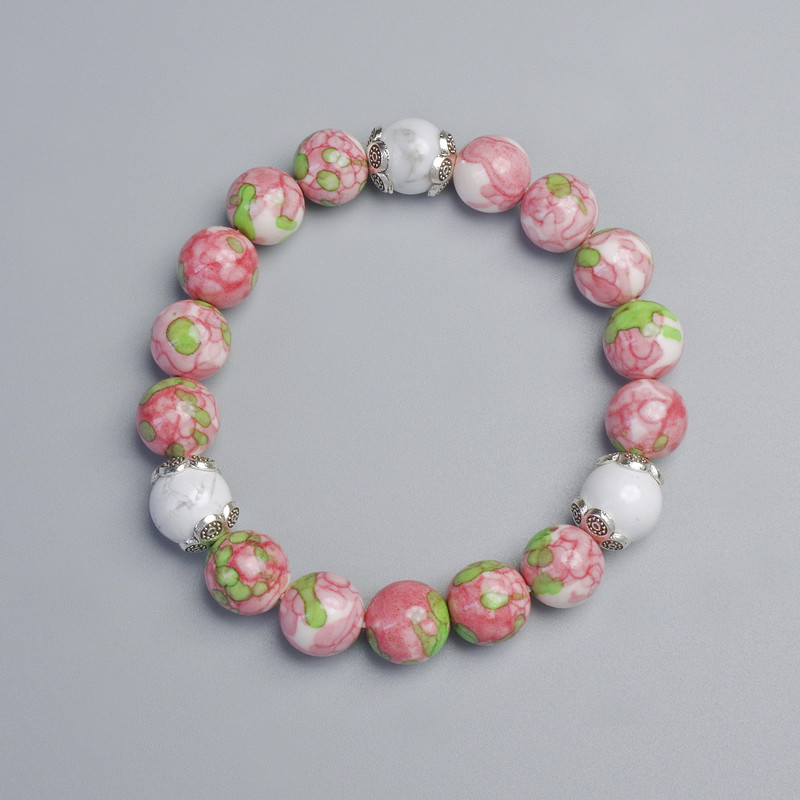 Bracelet 'Variscite' (synthetic acrylic) and White Agate (pressed), diameter 10 mm, 10.5 mm +/- (stretch), length 18 cm +/- with metal inserts