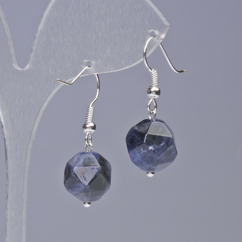 Sodalite Earrings, Natural Stone, Faceted, Diameter 10.5×12 mm, Length 32 mm