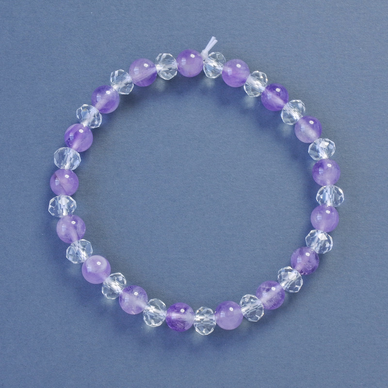 Stretch bracelet with amethyst and Czech glass, smooth bead, diameter 6 mm ±, length 18 cm ±