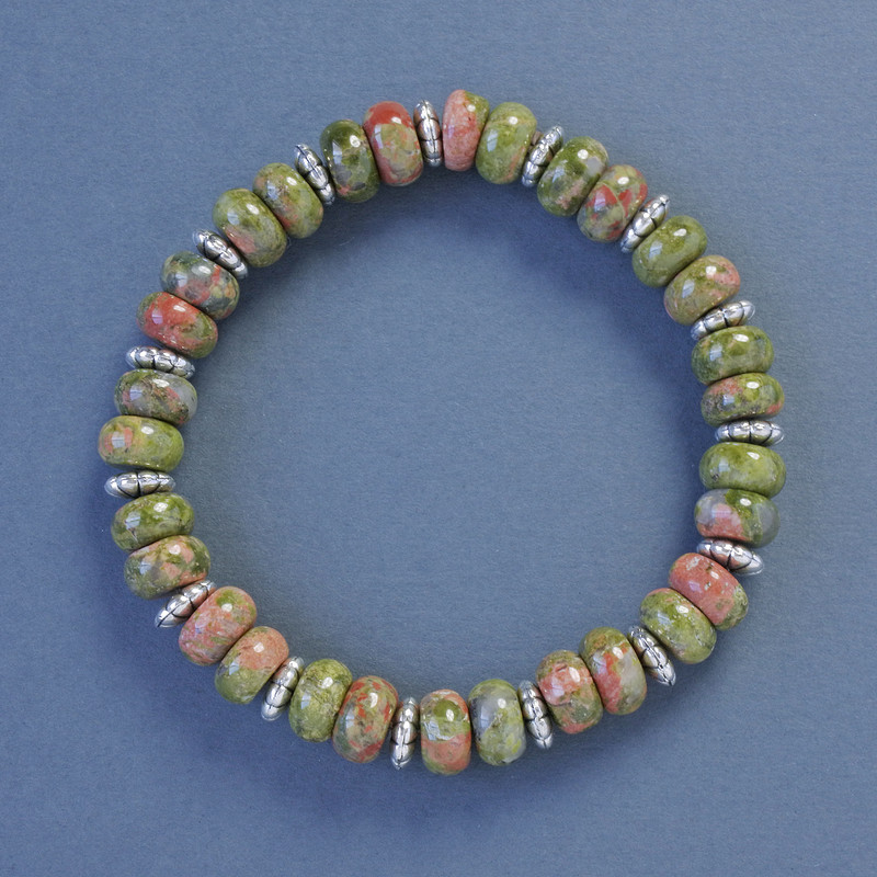 Unakite Jasper Rondel Bracelet, 8x5 mm diameter, 18 cm length, elastic with inserts