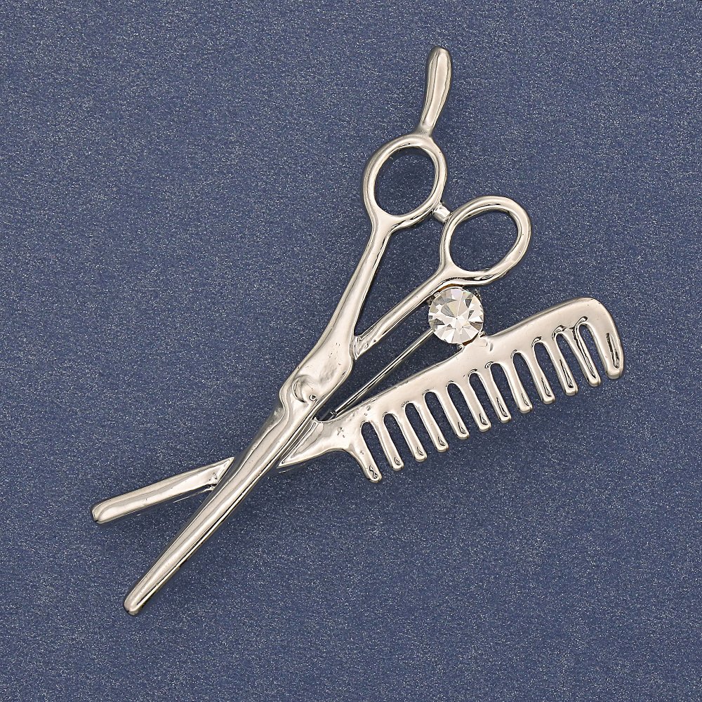 Brooch 'Comb and Scissors' white rhinestone, silver metal color, 47x32mm+