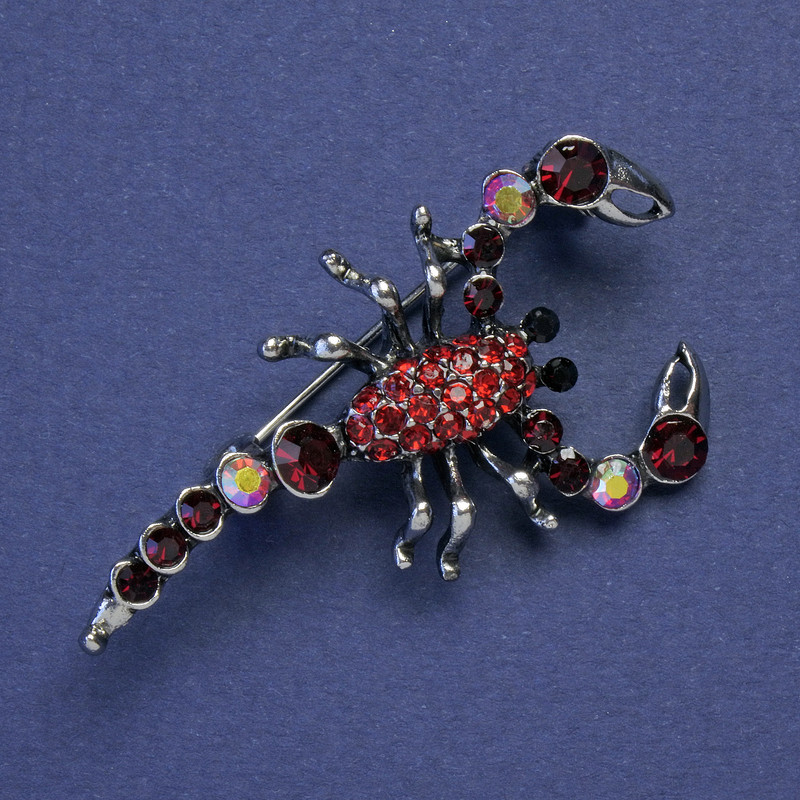 Scorpion Brooch with Red Crystals, Silver-Colored Metal 47×25 mm +