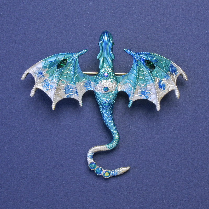 Dragon brooch pendant blue-silver enamel, blue crystals, gold-tone metal, 63×72 mm +