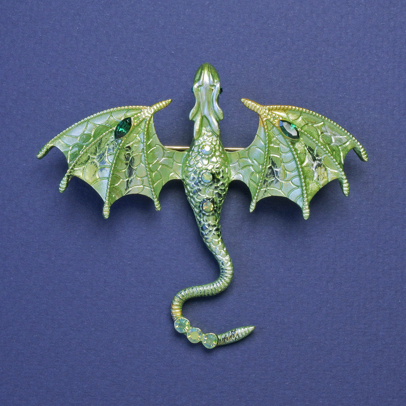 Dragon brooch-pendant with salad-green enamel, green rhinestones, gold-tone metal, 63x72 mm +