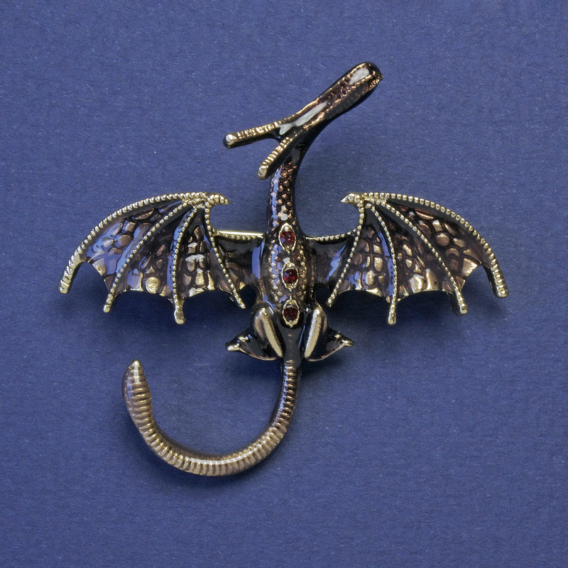 Dragon Brooch-Pendant with Bronze Enamel, Red Crystals, Gold-Tone Metal, 48x45 mm