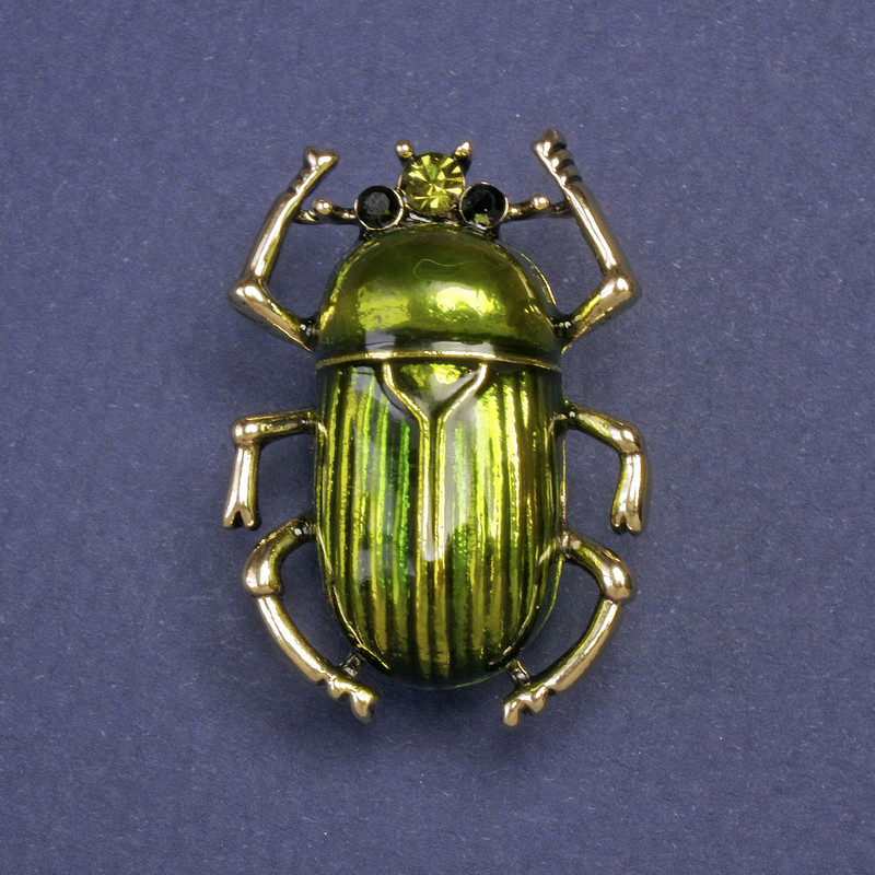 Brooch 'Scarab Beetle' with Green Enamel, Gold-Tone Metal 24x33 mm+