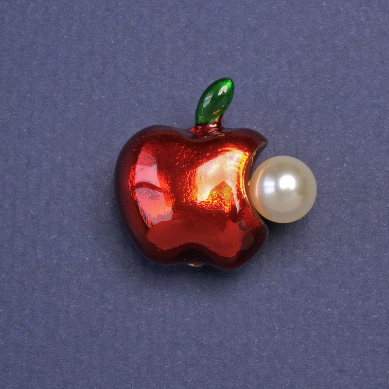 Brooch Apple with Pearl, red enamel, gold-tone metal, 22x24mm+