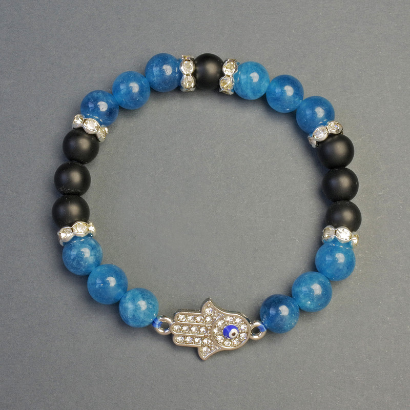 Apatite and Shungite Bracelet (Synthetic) with Palm Inlay, 8 mm diameter, 18 cm length, stretch