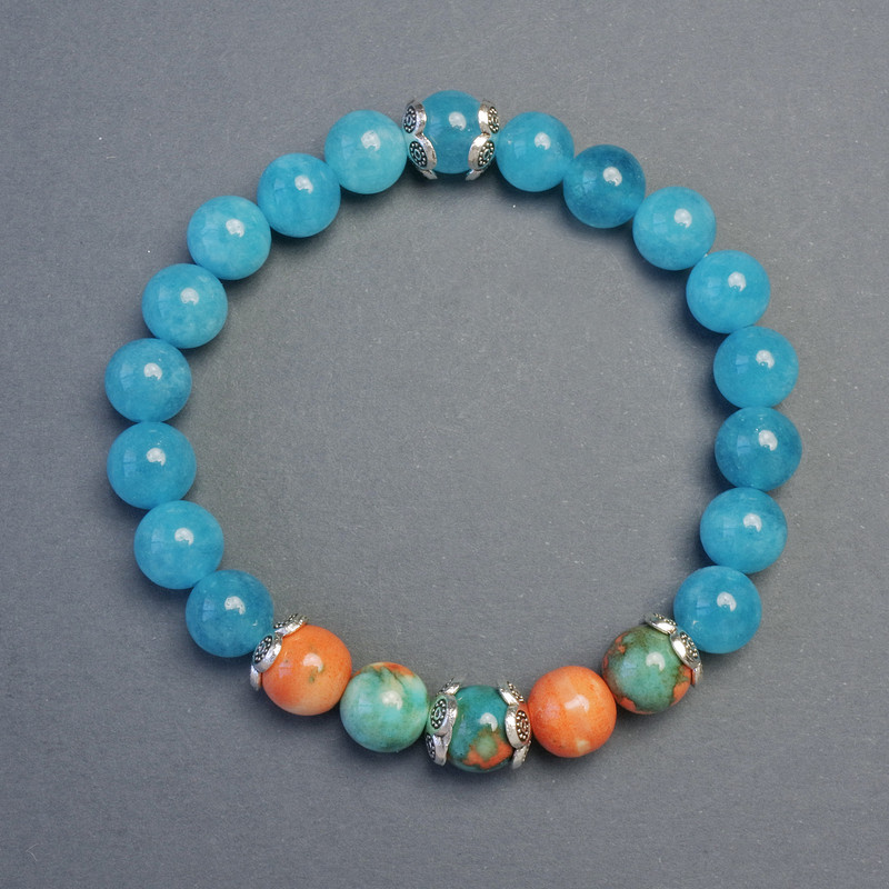 Aquamarine and Variscite Bracelet, smooth beads, 8 mm diameter with inserts, length 18 cm +/- stretch