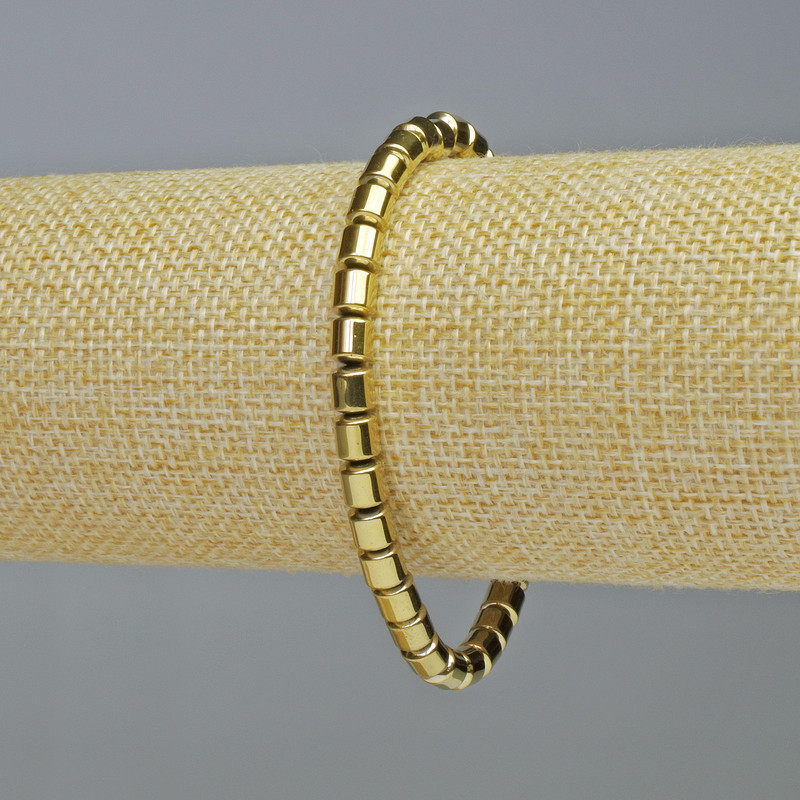 Hematite bracelet with cylindrical beads, gold color, 5x5 mm diameter, 18 cm length, stretch