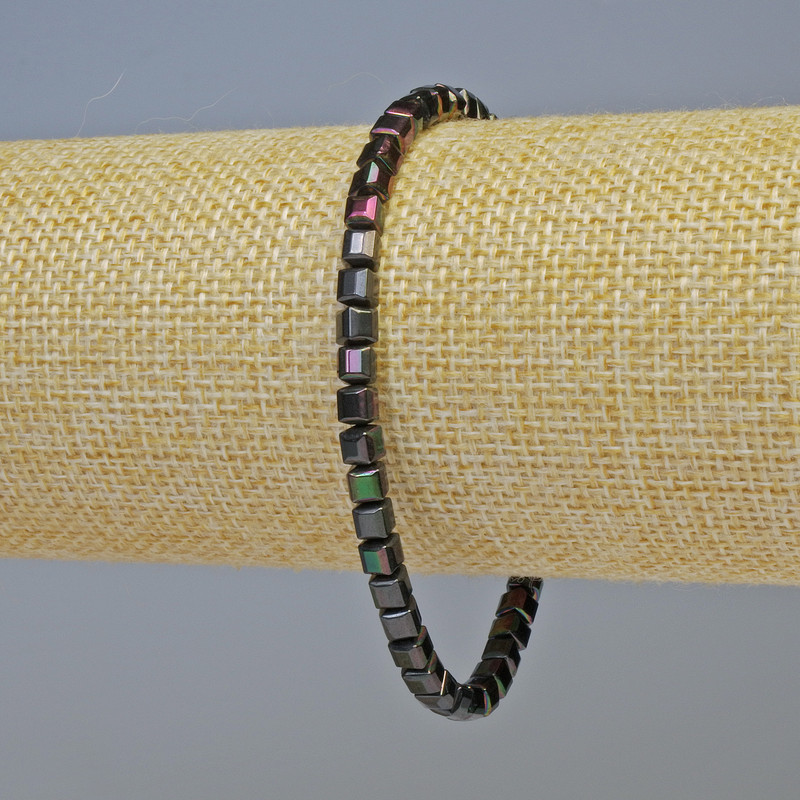 Hematite Cube Bracelet - gasoline-black, 4×4 mm cubes, 18 cm length, stretch