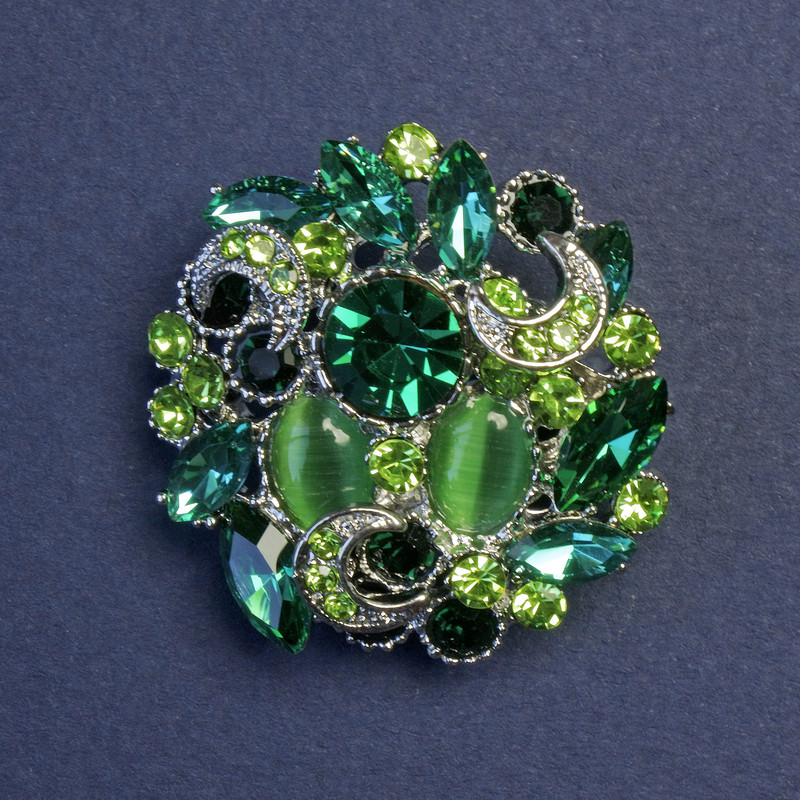 Brooch-Pendant Accent with a Green Cat's Eye and Green Crystals 31mm +