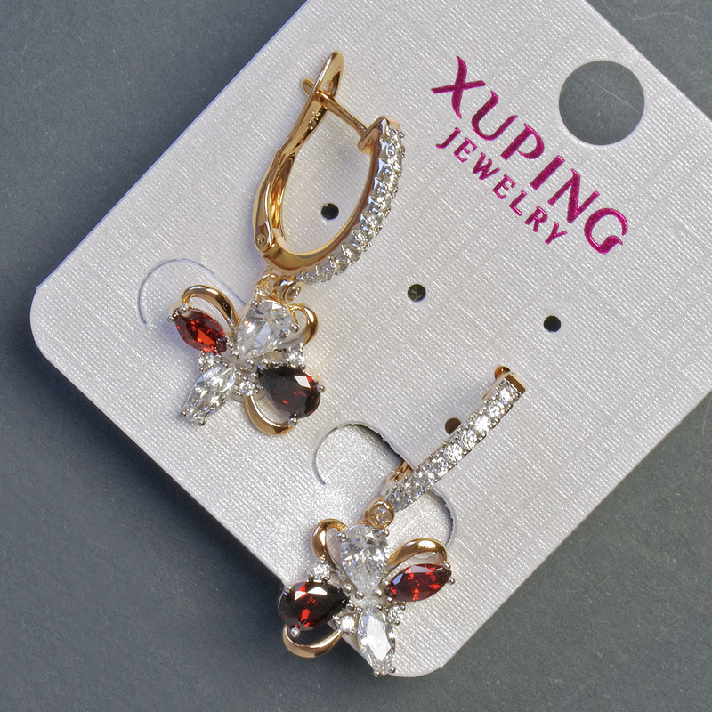 Xuping Earrings, 18K Gold Plating and Rhodium, with Red Stone and White Crystals, 30x12mm