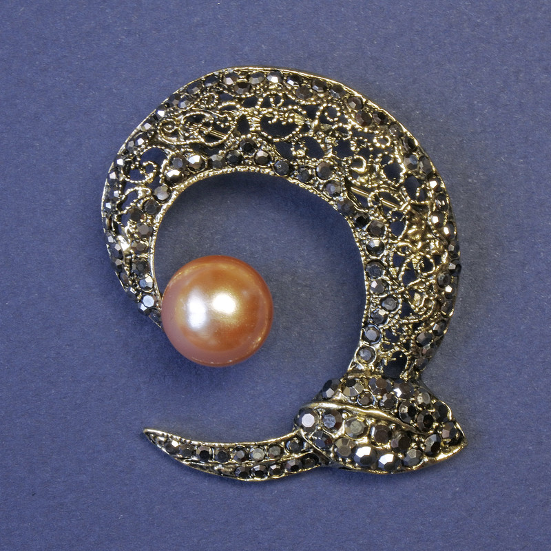 Accent Brooch with Brown Pearl and Gray Rhinestones, 45x48 mm +/- Bronze Metal
