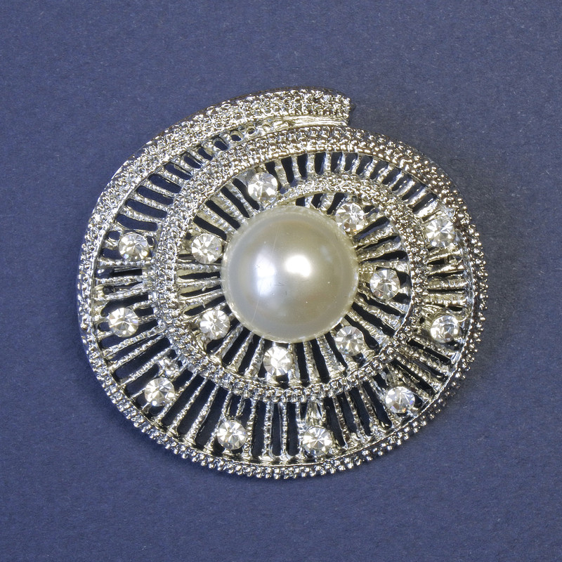 Accent Brooch with White Pearl (Artificial) and White Crystals, 42×42 mm, Silver-Toned Metal