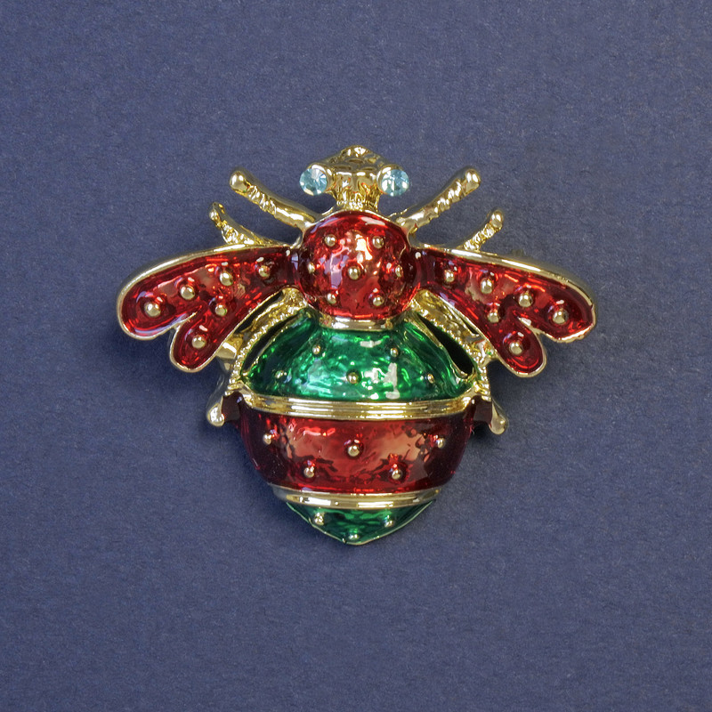 Beetle Brooch with Red and Green Enamel on Gold-Tone Metal, 32x38 mm