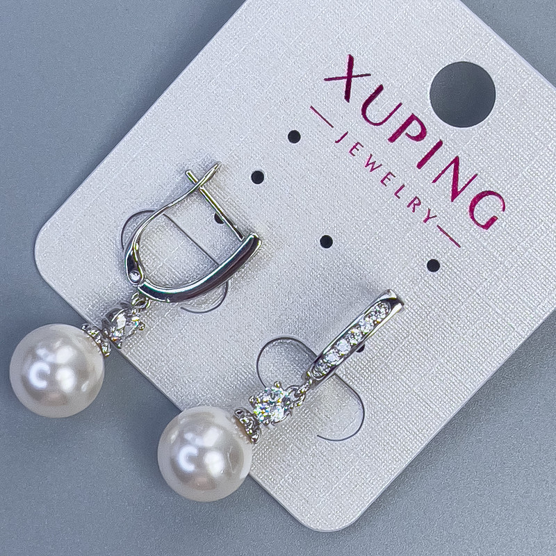 Xuping Rhodium Earrings with Majorca Pearl, 10 mm Diameter and White Rhinestones, 30 mm Length +