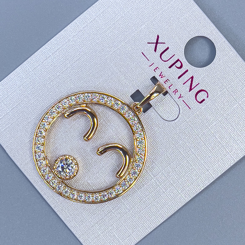 Pendant Xuping with White Crystals, Diameter 25mm, Length 32mm, 18K Gold Plating