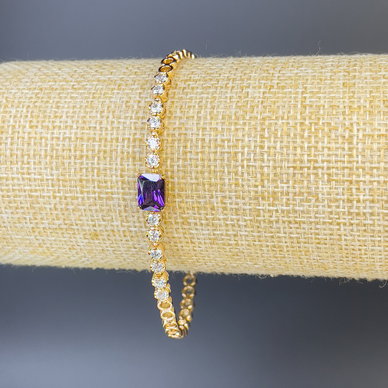 Xuping bracelet with white crystals and a purple stone, 3 mm thick, 19 cm long, gold-plated