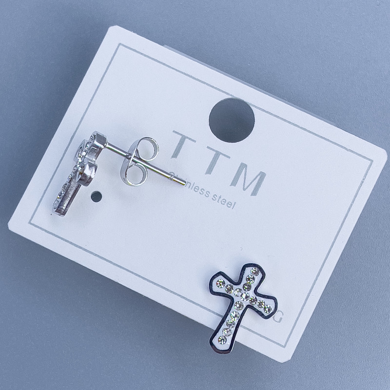 Xuping Rhodium-Plated Cross-Shaped Stud Earrings with White Pavé Crystals 12×9mm