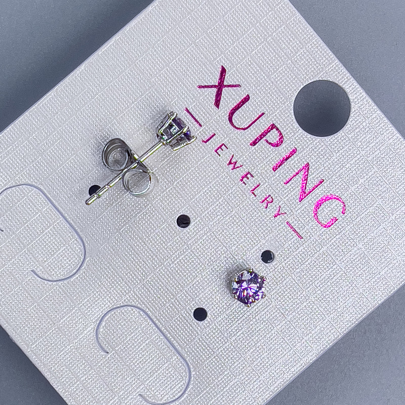 Xuping Stud Earrings with Violet Stone, 4 mm, Rhodium-Plated