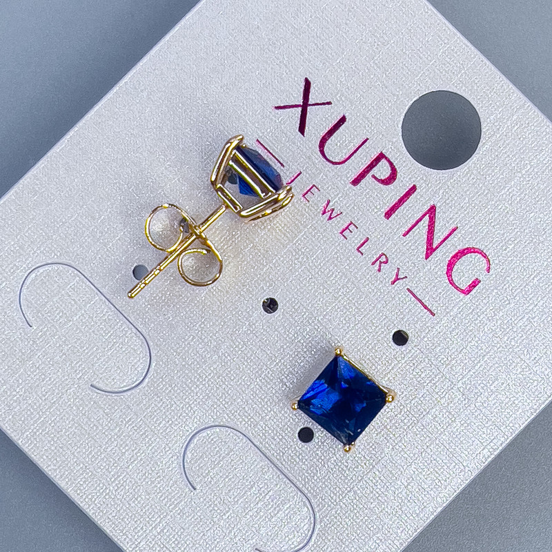 Xuping Blue Stone Stud Earrings in a 'Quadro' Setting, 6mm +/- 18K Gold Plating