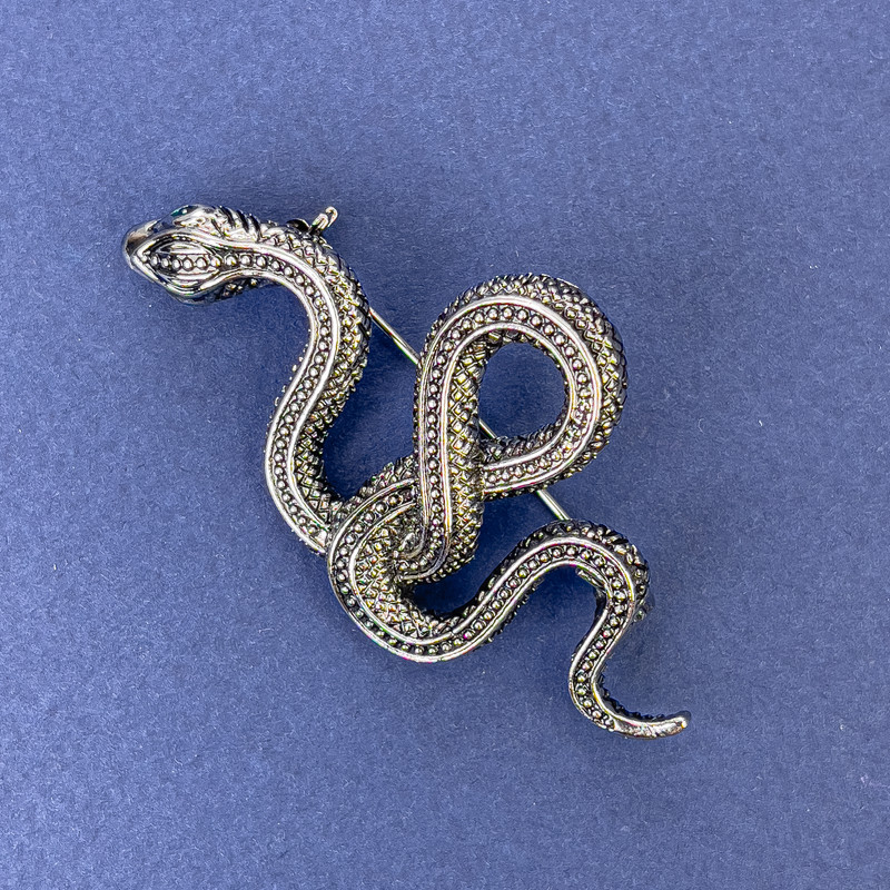 Snake Brooch Pendant with Green Crystals, Silvery Metal 30x55mm +